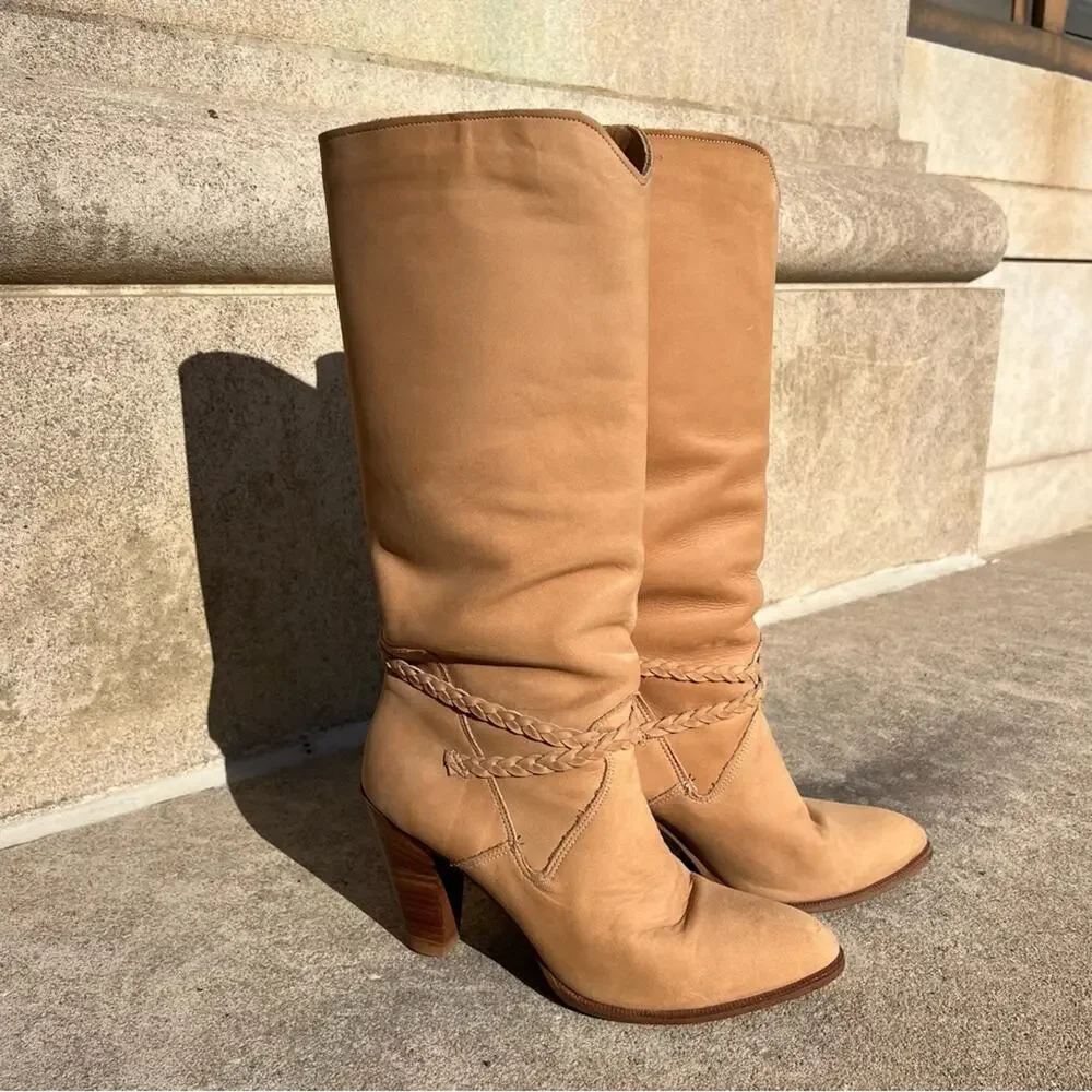 Vintage Dingo 80s high heeled suede yellow tan leather braid detail boots - Picture 2 of 9
